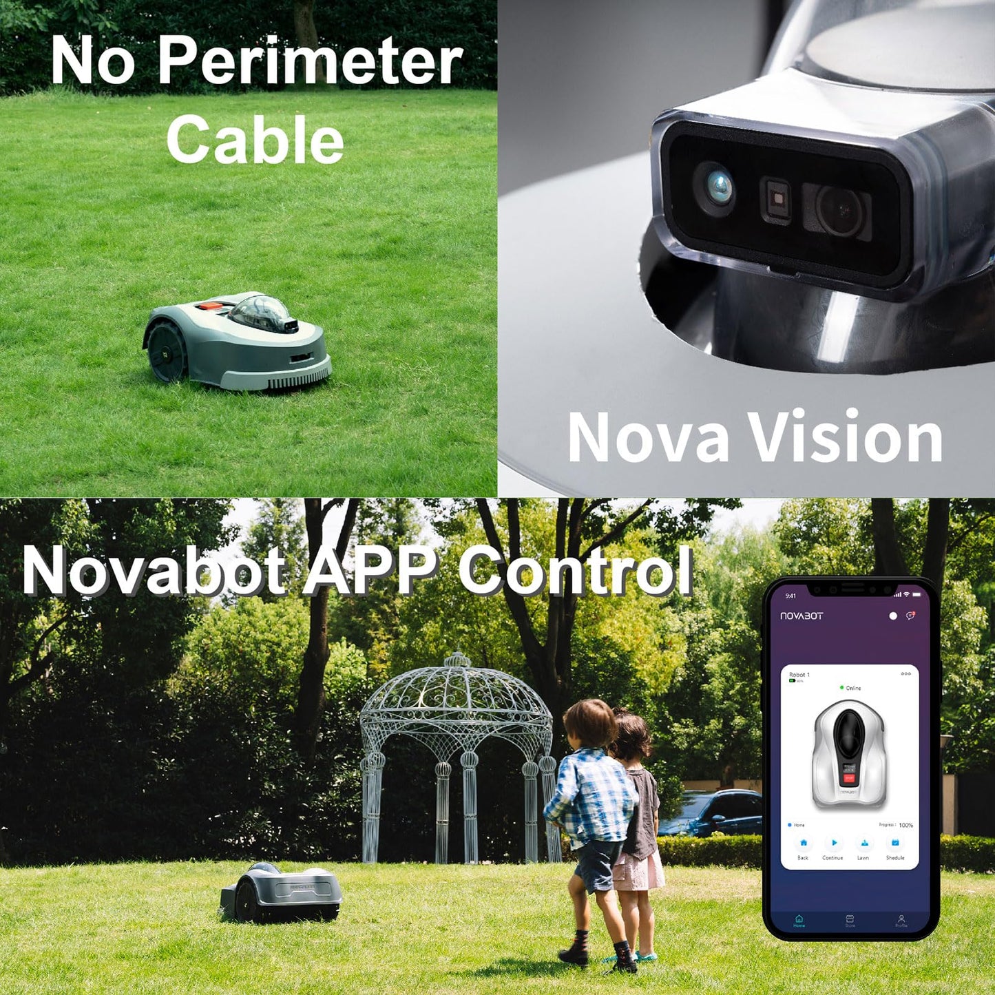 NOVABOT N2000 Robot Lawn Mower Perimeter Wire Free RTK+TOF+Vision Robotic Lawn Mower for 1.50 Acres Cut Height 0.8"-3.5" Adjustable APP Control AI-Assisted Mapping Virtual Boundaries Multi-Zone