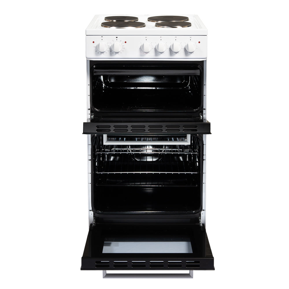 50cm Electric Cooker Freestanding Double Oven & 4 Ring Hob A Energy Rated – White
