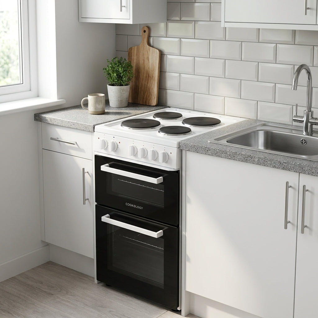 50cm Electric Cooker Freestanding Double Oven & 4 Ring Hob A Energy Rated – White