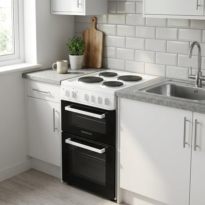 50cm Electric Cooker Freestanding Double Oven & 4 Ring Hob A Energy Rated – White
