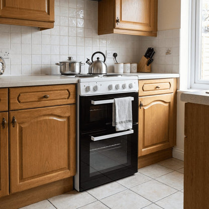 50cm Electric Cooker Freestanding Double Oven & 4 Ring Hob A Energy Rated – White