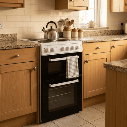 50cm Electric Cooker Freestanding Double Oven & 4 Ring Hob A Energy Rated – White