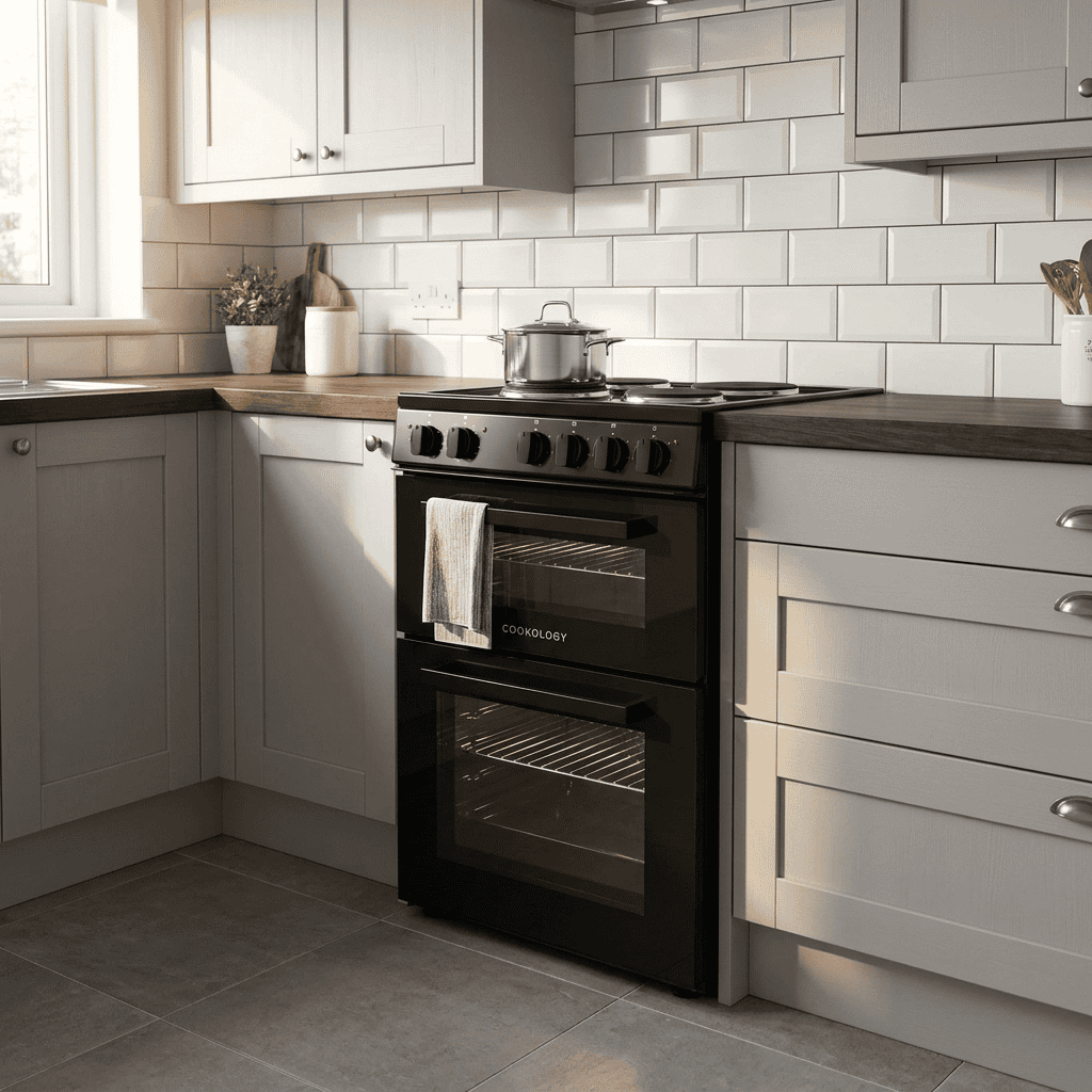 50cm Electric Cooker Double Oven with 4 Zone Hob Freestanding A Energy Rated – Black