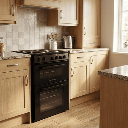 50cm Electric Cooker Double Oven with 4 Zone Hob Freestanding A Energy Rated – Black