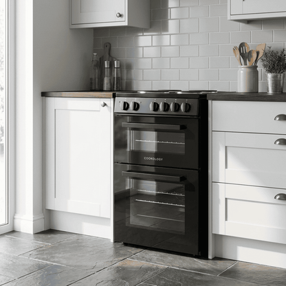 50cm Electric Cooker Double Oven with 4 Zone Hob Freestanding A Energy Rated – Black
